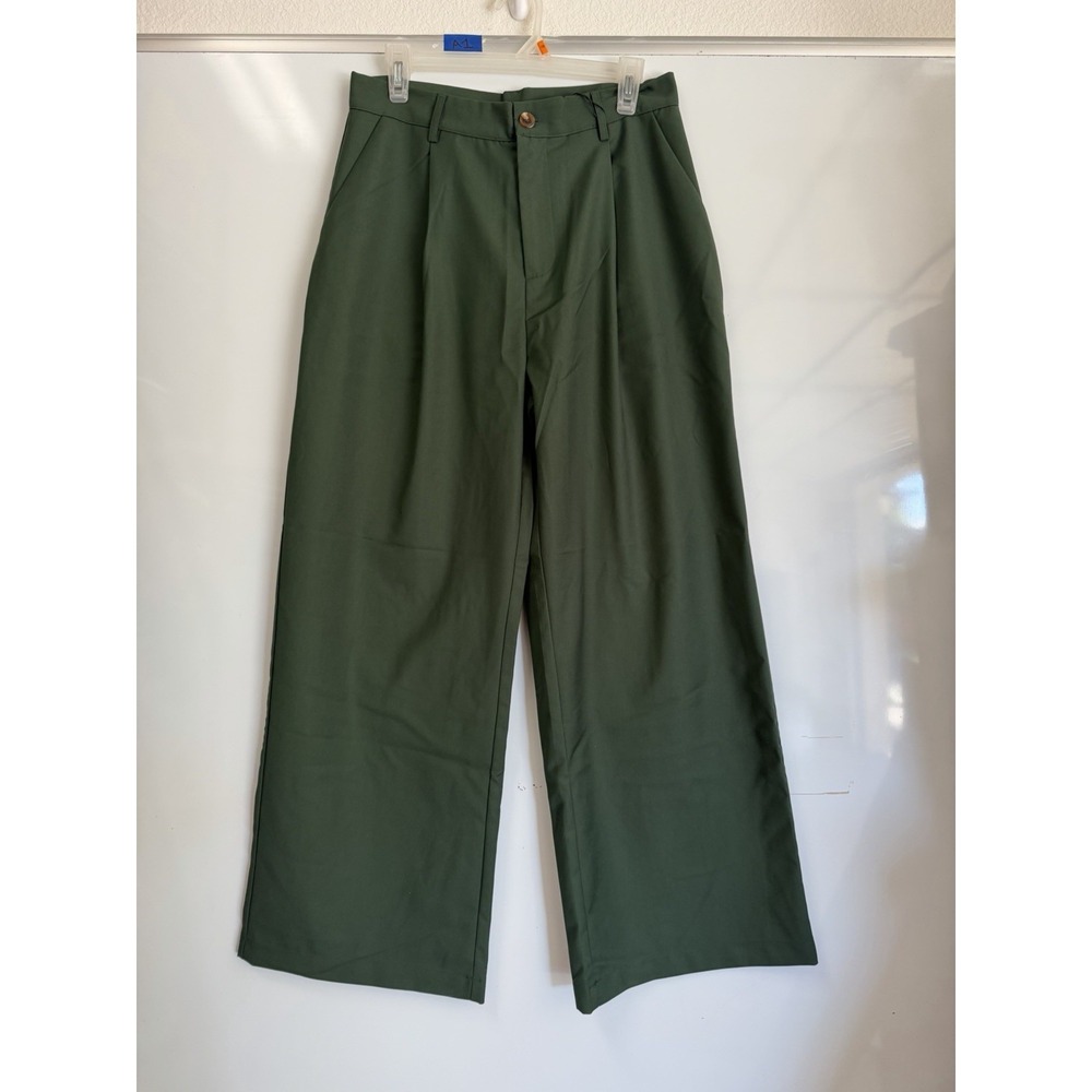 Women's Trendy Olive Wide Leg Trousers Minimalist Casual Tailored Pants L - Picture 2 of 8